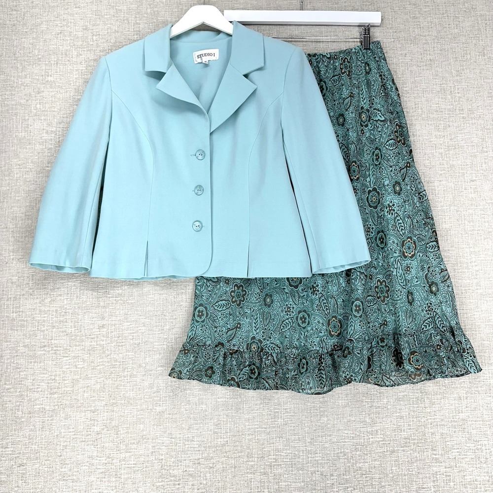 Studio I Skirt Suit Set Womens 10 Aqua Green Floral 2‎ Piece Jacket Skirt